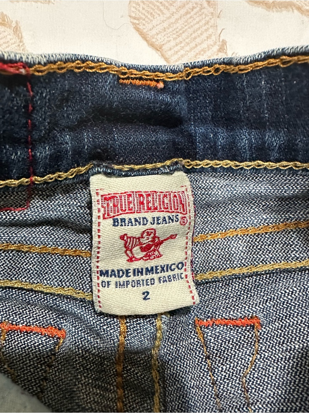 True Religion Kids Slim Jeans in Dark Blue with Yellow & Orange Stitching
